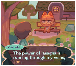Rule 34 | 2boys, animal crossing, animal ears, artist name, bench, black eyes, brown hair, bush, cat boy, cat ears, cat tail, commentary, crossover, dialogue box, english commentary, english text, flower, furry, furry male, garfield, garfield (character), holding, holding shovel, house, iniro, jon arbuckle, multiple boys, nintendo, park bench, parody, polo shirt, rock, shirt, shovel, sitting, smile, style parody, tail, white shirt