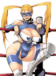 Rule 34 | 1990s (style), 1girl, bare shoulders, blonde hair, blue hair, boots, breasts, butcherboy, capcom, cleavage, cleavage cutout, clothing cutout, highres, knee pads, large breasts, leotard, mask, plump, rainbow mika, retro artstyle, shoulder cutout, simple background, smile, solo, street fighter, street fighter zero (series), thick thighs, thigh boots, thighhighs, thighs, twintails, white background, wide hips