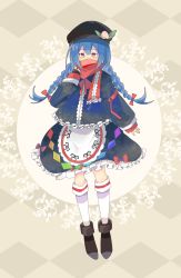 Rule 34 | 1girl, alternate costume, alternate hairstyle, apron, beret, black footwear, black hat, black jacket, black skirt, blue hair, boots, bow, braid, commentary, covered mouth, frilled jacket, frilled scarf, frilled skirt, frills, full body, hair bow, hat, highres, hinanawi tenshi, jacket, long hair, long sleeves, looking at viewer, orange eyes, peach hat ornament, pfallen, rainbow order, red bow, red ribbon, red scarf, ribbon, scarf, scarf over mouth, skirt, sleeves past wrists, socks, solo, touhou, twin braids, waist apron, white socks, winter clothes