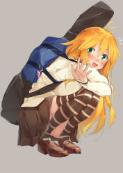 Rule 34 | 1girl, :d, antenna hair, backpack, bag, blush, breast press, breasts, brown footwear, brown shirt, brown skirt, brown thighhighs, commentary request, full body, green eyes, hair between eyes, highres, kanzen bouon, large breasts, loafers, long hair, long sleeves, looking at viewer, open mouth, orange hair, panties, pink panties, pleated skirt, shirt, shoes, skirt, sleeves past wrists, smile, solo, squatting, striped clothes, striped thighhighs, thighhighs, tsurumaki maki, underwear, very long hair, voiceroid