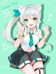 1girl :d animal_ear_fluff animal_ears black_skirt bow breasts calling cat_ears character_name collared_shirt cowboy_shot gabogabo gold_trim green_background green_bow green_eyes green_necktie hair_bow hands_up highres hizuki_miu jacket light_blush long_hair looking_at_viewer medium_breasts navel necktie o-ring o-ring_thigh_strap open_mouth plaid_clothes plaid_necktie shirt side_ponytail skirt smile solo thigh_strap triangle virtual_youtuber wactor_production white_hair white_jacket white_shirt