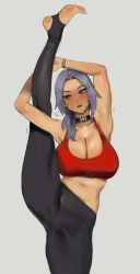 Rule 34 | 1girl, armpits, bare shoulders, black choker, black pants, blush, bracelet, breasts, choker, cleavage, gompang 11, hair over shoulder, highres, jewelry, large breasts, leg lift, leg up, long hair, looking to the side, original, pants, red sports bra, silver hair, simple background, split, sports bra, standing, standing on one leg, standing split, stretching, sweat, tagme, white background, yoga pants