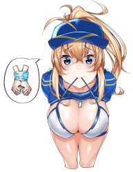 Rule 34 | 1girl, ahoge, arms behind back, artoria pendragon (fate), baseball cap, bdsm, bikini, bikini in mouth, bikini top only, blonde hair, blue eyes, bondage, bound, bound wrists, breasts, clothes in mouth, covered erect nipples, cropped legs, fate/grand order, fate (series), hat, highres, large breasts, mouth hold, mysterious heroine x (fate), mysterious heroine xx (fate), ponytail, predicament bondage, shrug (clothing), solo, swimsuit, watosu (watosu mama)