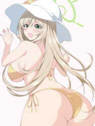 Rule 34 | 1girl, absurdres, ass, bikini, blue archive, blush, breasts, chimunge, commentary request, flower, from behind, green eyes, green halo, halo, hat, hat flower, highres, large breasts, light brown hair, long hair, looking back, nonomi (blue archive), nonomi (swimsuit) (blue archive), official alternate costume, open mouth, sideboob, solo, sun hat, swimsuit, wide hips, yellow bikini