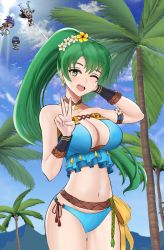 Rule 34 | 4girls, bikini, blue hair, blue sky, breasts, cleavage, cloud, day, desspie, earrings, fire emblem, fire emblem: radiant dawn, fire emblem: the blazing blade, fire emblem awakening, fire emblem heroes, green eyes, green hair, highres, jewelry, lilith (fire emblem), long hair, lucina (fire emblem), lyn (fire emblem), lyn (summer) (fire emblem), marth (fire emblem awakening), mask, mia (fire emblem), multiple girls, nintendo, official alternate costume, one eye closed, open mouth, outdoors, palm tree, ponytail, robin (female) (fire emblem), robin (fire emblem), short hair, sky, solo focus, swimsuit, tree, twintails, v, white hair