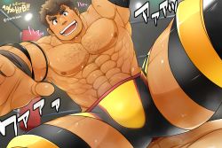 Rule 34 | 2boys, absurdres, alternate costume, bar censor, bara, blush, brown eyes, brown hair, bulge, censored, chest hair, facial hair, feet out of frame, hairy, happy birthday, highres, takabushi kengo, kontahsm, long sideburns, male focus, multiple boys, muscular, on person, pectorals, pov, short hair, sideburns, sitting, sitting on person, smile, spread legs, stubble, sweat, thick eyebrows, thick thighs, thighs, tokyo houkago summoners, wrestling, wrestling outfit, wrestling ring