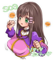 Rule 34 | 1girl, breasts, brown hair, collar, dated, green eyes, hair ornament, hairclip, highres, large breasts, long hair, mayashtale, open mouth, simple background, smile, solo, sophia esteed, star ocean, star ocean till the end of time, white background