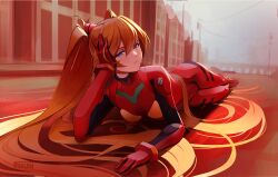Rule 34 | 1girl, alternate hair length, alternate hairstyle, ass, blue eyes, bodysuit, breasts, city, curvy, expressionless, full body, hair between eyes, hair ornament, hairpods, highres, long hair, looking at viewer, medium breasts, neon genesis evangelion, peaceablecolt, perspective, red bodysuit, simple background, sky, solo, souryuu asuka langley, tsundere, twintails, very long hair, white background, wide hips