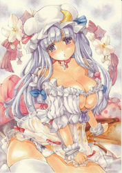 Rule 34 | 1girl, absurdres, bare shoulders, blue bow, blunt bangs, blush, bow, breasts, choker, cleavage, cleavage cutout, clothing cutout, crescent, floral background, hair bow, hat, highres, large breasts, long hair, looking at viewer, marker (medium), mob cap, off shoulder, panties, parted lips, patchouli knowledge, purple eyes, purple hair, purple panties, red bow, shirt, short sleeves, sitting, solo, striped clothes, striped shirt, thighhighs, touhou, traditional media, underwear, vertical-striped clothes, vertical-striped shirt, very long hair, white thighhighs, wrist cuffs, yurun
