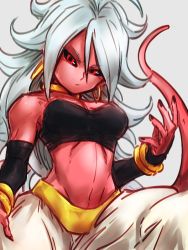 Rule 34 | 1girl, android 21, bandeau, bare shoulders, black nails, black sclera, black tube top, bracelet, breasts, cleavage, closed mouth, colored sclera, colored skin, commentary request, curly hair, detached sleeves, dragon ball, dragon ball fighterz, earrings, grey background, hand up, harem pants, hoop earrings, jewelry, kemachiku, long hair, looking at viewer, majin android 21, medium breasts, nail polish, navel, neck ring, pants, pink skin, red eyes, ring, smile, solo, stomach, strapless, tail, tube top, tube top, very long hair, white hair, white pants