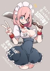 Rule 34 | 1girl, :d, ^^^, blue eyes, blush, body writing, breasts, chain, cleavage, collarbone, dress, ear tag, grey background, highres, looking at viewer, machete, maid headdress, open mouth, original, pink hair, simple background, smile, solo, takagi (tansuke), tansuke, teeth, v