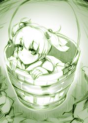 Rule 34 | 1girl, bucket, hair bobbles, hair ornament, in bucket, in container, kazetto, kisume, monochrome, short hair, solo, touhou, twintails