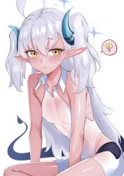 Rule 34 | 1girl, ?, absurdres, ahoge, blue archive, blue horns, blush, breasts, closed mouth, dark-skinned female, dark skin, demon tail, eyelashes, hair between eyes, halo, highres, hip vent, horns, long hair, looking at viewer, nantaru chiya, nipples, orange eyes, pointy ears, see-through, simple background, small breasts, solo, spoken question mark, sumomo (blue archive), tail, two side up, unitard, very long hair, white background, white hair