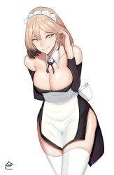 Rule 34 | 1girl, absurdres, apron, arm behind back, bad id, bad pixiv id, bare shoulders, black dress, black hair, blonde hair, blue eyes, breasts, cleavage, closers, detached collar, detached sleeves, dress, gradient hair, hair between eyes, tucking hair, harpy (closers), highres, large breasts, leaning forward, long hair, looking at viewer, maid, maid headdress, mole, mole under eye, multicolored hair, side slit, simple background, sirive, smile, solo, strapless, strapless dress, thighhighs, white thighhighs
