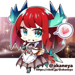 1girl akaneya blue_eyes blue_horns chibi commission dragon_girl dragon_horns dragon_tail duel_monster full_body heart horns kitchen_dragonmaid low_wings lowres maid red_hair red_tail skeb_commission solo spoken_heart tail twitter_username wings yu-gi-oh!