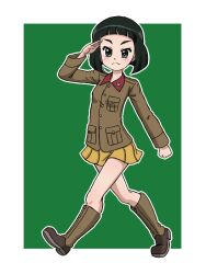 Rule 34 | 1girl, black eyes, black hair, blunt bangs, blunt ends, bob cut, boots, brown footwear, brown jacket, chi-hatan military uniform, closed mouth, commentary, girls und panzer, green background, jacket, knee boots, long sleeves, looking at viewer, military uniform, miniskirt, nishihara yasoko, outline, pleated skirt, salute, short hair, skirt, smile, solo, takahashi kurage, textless version, uniform, walking, white outline, yellow skirt