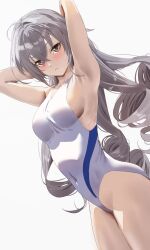 1girl absurdres armpits arms_behind_head arms_up bare_shoulders blush breasts bronya_rand covered_navel crossed_bangs drill_hair grey_eyes grey_hair hair_between_eyes highleg highleg_one-piece_swimsuit highres honkai:_star_rail honkai_(series) kuu_(user_gngs5284) long_hair looking_at_viewer medium_breasts one-piece_swimsuit sideboob swimsuit thighs white_one-piece_swimsuit