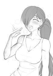 Rule 34 | 1girl, bare arms, bare shoulders, blush, breasts, burn scar, closed eyes, collarbone, commentary, english commentary, fanning face, greyscale, hair over one eye, hot, ikezawa hanako, katawa shoujo, large breasts, long hair, monochrome, ponytail, scar, simple background, solo, sweat, tank top, twrlare, upper body, white background