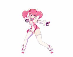 Rule 34 | 1girl, animated, animated gif, boots, elbow gloves, gloves, gun, holster, holstered, kicking, leotard, long hair, lowres, magical angel fairy heart, official art, pink eyes, pink hair, solo, spinning, spinning bird kick, split, thighhighs, twintails, umai neko, upside-down, weapon, white thighhighs