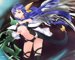 Rule 34 | 1girl, arc system works, asymmetrical wings, bad id, bad pixiv id, blue hair, bow, breasts, center opening, choker, cleavage, dizzy (guilty gear), guilty gear, hair bow, hair over one eye, large breasts, long hair, midriff, red eyes, ribbon, solo, tail, tail ornament, tail ribbon, thighhighs, ultra00, underboob, wind, wings