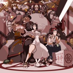 Rule 34 | 1girl, 2boys, bamboo steamer, baozi, breasts, china dress, chinese clothes, circle a, digital media player, dress, dumpling, food, goggles, headphones, high heels, highres, ipod, large breasts, multiple boys, platform footwear, robot, sandals, sword, thick thighs, thighs, turtle, weapon
