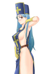 Rule 34 | 1girl, blue hair, blush, breasts, dragon quest, dragon quest iii, gloves, hat, kesuida, large breasts, long hair, naked tabard, no panties, priest (dq3), revealing clothes, sideboob, simple background, solo, tabard, very long hair, white background