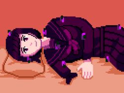 Rule 34 | 1girl, amputee, anna graem, bed, commission, commissioner upload, distortion, glitch, looking at viewer, lying, on side, pillow, pixel art, purple eyes, purple hair, retrocandyart, short hair, simple background, smile, solo, tagme, va-11 hall-a