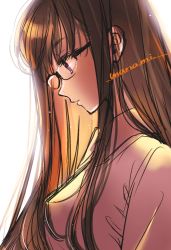 Rule 34 | 1girl, backlighting, black-framed eyewear, breasts, brown hair, brown shirt, collared shirt, commentary, from side, glasses, himawari-san, himawari-san (character), long hair, looking down, medium breasts, parted lips, purple eyes, shirt, signature, simple background, sketch, solo, sugano manami, upper body, white background