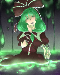 Rule 34 | 1girl, bakuya, blush, bow, breasts, commentary request, creepy, dress, dripping, finger to mouth, fingernails, glowing, green eyes, green hair, hair bow, hair ribbon, highres, horror (theme), kagiyama hina, lipstick, long fingernails, long hair, looking at viewer, makeup, matching hair/eyes, nail polish, partially submerged, pinky to mouth, puffy sleeves, purple lips, ribbon, ringed eyes, short sleeves, slime (substance), smile, solo, touhou