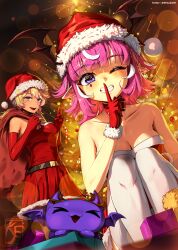 Rule 34 | 2girls, absurdres, armpit crease, bag, bare arms, bare shoulders, belt, black belt, blonde hair, blunt bangs, blurry, blurry foreground, bokeh, bow, bowtie, box, breasts, brown background, camila (vtuber), candy, candy cane, christmas, christmas ornaments, christmas tree, cleavage, collarbone, commentary, commission, creature, depth of field, diamond (shape), dress, elbow gloves, english commentary, facial tattoo, feet out of frame, finger to mouth, food, fur-trimmed gloves, fur-trimmed headwear, fur trim, gift, gift bag, gift box, gloves, hat, head wings, heart, heart in eye, highres, holding, holding bag, index finger raised, indie virtual youtuber, knees up, knightfang, koko d. nuts, legs, looking at viewer, medium breasts, medium hair, messy hair, multicolored hair, multiple girls, one eye closed, over shoulder, parted lips, pink hair, pointy ears, pom pom (clothes), purple eyes, red bow, red bowtie, red dress, red gloves, red headwear, santa dress, santa hat, sitting, smile, standing, streaked hair, striped bow, striped bowtie, striped clothes, symbol in eye, tattoo, teeth, twitter username, two-tone hair, v, virtual youtuber, watermark, white hair, wings, yellow eyes