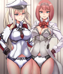 Rule 34 | 2girls, absurdres, ark royal (kancolle), black gloves, blonde hair, blue eyes, blunt bangs, bob cut, breasts, brown gloves, celtic knot, cleavage cutout, clothing cutout, commission, corset, cross, fingerless gloves, flower, gloves, graf zeppelin (kancolle), hair between eyes, hat, highres, inverted bob, iron cross, jacket, kantai collection, large breasts, long sleeves, medium breasts, military, military uniform, multiple girls, panties, peaked cap, pixiv commission, purple eyes, red flower, red hair, red ribbon, red rose, ribbon, rose, short hair, sidelocks, tiara, twintails, underwear, uniform, white corset, white jacket, white panties, zanntetu