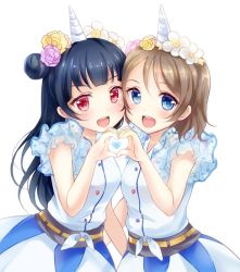 Rule 34 | 2girls, :d, blue eyes, blue hair, blush, commentary request, flower, frilled sleeves, frills, grey hair, hair bun, head wreath, heart, heart hands, heart hands duo, horns, long hair, looking at viewer, love live!, love live! sunshine!!, multiple girls, nikoo, open mouth, pink flower, red eyes, round teeth, shirt, short hair, side bun, simple background, single horn, single side bun, skirt, smile, teeth, tied shirt, tsushima yoshiko, upper teeth only, watanabe you, white background, white flower, yellow flower