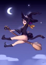 Rule 34 | 1girl, animal ears, bad id, bad tumblr id, black hair, bottomless, broom, broom riding, cat ears, cat tail, crescent moon, facial mark, hat, highres, moon, no panties, optionaltypo, original, short hair, socks, solo, tail, witch hat