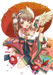 Rule 34 | 10s, 1girl, animal, bird, blush, bow, breasts, cherry blossoms, chicken, eyebrows, eyelashes, feathers, flower, hair bow, hair flower, hair ornament, hand fan, hekicha, highres, holding, japanese clothes, long hair, long sleeves, looking at viewer, love live!, love live! school idol festival, love live! school idol project, minami kotori, oil-paper umbrella, open mouth, origami, paper crane, petals, sandals, sitting, smile, solo, spinning top, umbrella, white background, wings, yellow eyes