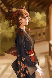 Rule 34 | 1girl, absurdres, alternate costume, alternate hairstyle, animal print, black kimono, brown hair, butterfly print, flower, from side, genshin impact, hair bun, hair flower, hair ornament, highres, hu tao (genshin impact), japanese clothes, kimono, lilithmy, looking at viewer, outdoors, red eyes, single hair bun, smile, solo, standing, symbol-shaped pupils, wide sleeves, yukata