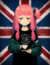 Rule 34 | 1girl, black shirt, blush, closed mouth, cup, green jacket, hair ornament, holding, holding cup, holding saucer, jacket, kotonoha akane, low-tied sidelocks, panjandrum, pink eyes, pink hair, plusma, saucer, shirt, smile, solo, teacup, union jack, voiceroid