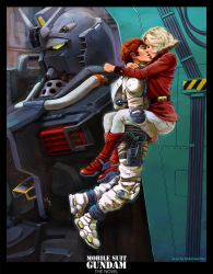Rule 34 | absurdres, amuro ray, artist name, blonde hair, boots, brown hair, copyright name, closed eyes, from side, g-3 gundam, gundam, gundam msv, hair behind ear, hetero, highres, kiss, mecha, military, military uniform, mobile suit gundam, pants, pilot suit, realistic, red footwear, robot, sayla mass, science fiction, short hair, straddling, uniform, upright straddle, v-fin, walkermachine, white pants, yellow eyes