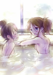 Rule 34 | 2girls, :d, ^ ^, arm support, back, bare arms, bare back, bare shoulders, bath, black hair, blush, breasts, brown hair, closed eyes, female focus, flat chest, from behind, hair bun, hair up, hanekoto, happy, looking at another, multiple girls, nude, open mouth, original, purple eyes, same-sex bathing, shared bathing, short hair, shy, side ponytail, single hair bun, sitting, sketch, smile, submerged, water, wet, window