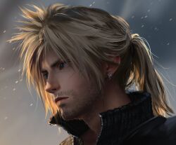 Rule 34 | 1boy, absurdres, aged up, beard, black shirt, blonde hair, blue eyes, closed mouth, cloud, cloud strife, cloudy sky, commentary, earrings, english commentary, facial hair, facial scar, final fantasy, final fantasy vii, final fantasy vii remake, high collar, high ponytail, highres, jewelry, looking to the side, male focus, portrait, realistic, safaia, scar, scar on cheek, scar on face, serious, shirt, sky, spiked hair, stubble, stud earrings, zipper