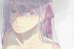 Rule 34 | 1girl, collarbone, fate/stay night, fate (series), hair between eyes, hair over eyes, lips, long hair, looking at viewer, matou sakura, painterly, purple eyes, purple hair, purple ribbon, ribbon, roku (ntbr fate), solo, upper body, white background