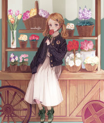 Rule 34 | 1girl, artist name, basket, black cardigan, blue eyes, blush, brown hair, cardigan, cart, dress, flower, flower pot, green footwear, hair flower, hair ornament, high collar, highres, leaf hair ornament, long dress, long sleeves, looking at viewer, mokaffe, multicolored hair, open cardigan, open clothes, original, puffy long sleeves, puffy sleeves, shoes, sitting, socks, solo, streaked hair, striped clothes, striped dress, twintails, vase, white dress