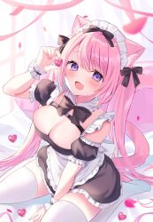 Rule 34 | 1girl, :d, animal ear fluff, animal ears, apron, black bow, blush, bow, breast focus, breasts, cat ears, cat girl, cat tail, cleavage, fangs, frilled wristband, from above, hair bow, hamico, heart, highres, holding, holding heart, long hair, looking at viewer, maid, maid apron, maid headdress, medium breasts, on bed, open mouth, original, pink hair, purple eyes, sitting, smile, solo, swept bangs, tail, thighhighs, very long hair, wariza, white thighhighs