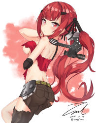 Rule 34 | 1girl, ass, axe, back, bare shoulders, belt, black gloves, blush, breasts, brown pants, closed mouth, cz75 (girls&#039; frontline), dated, girls&#039; frontline, gloves, hair ornament, hair ribbon, hairclip, holding, holding axe, leg up, long hair, looking at viewer, medium breasts, pants, red eyes, red hair, ribbon, scope, shoulder blades, sidelocks, signature, simple background, sleeveless, solo, tomahawk, torn clothes, twintails, twitter username, underboob, unel1211, weapon
