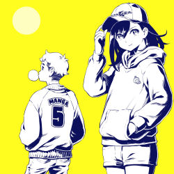 Rule 34 | 1boy, 1girl, baseball cap, blowing bubbles, chewing gum, closed mouth, eyebrows hidden by hair, hair between eyes, hand in pocket, hand on headwear, hand up, hat, highres, hood, hood down, hoodie, jacket, long hair, long sleeves, looking at viewer, looking away, monochrome, original, pants, short shorts, shorts, smile, ume (yume uta da), yellow background
