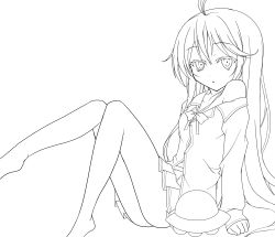 Rule 34 | 10s, 1girl, :o, ahoge, antenna hair, bare legs, bare shoulders, barefoot, bow, denpa onna to seishun otoko, greyscale, highres, lineart, long hair, monochrome, off shoulder, open clothes, open mouth, school uniform, shunmin, sitting, skirt, solo, touwa erio, transparent background, very long hair