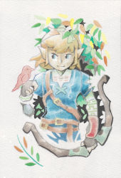 Rule 34 | 1boy, bird, blonde hair, blue eyes, bow (weapon), fingerless gloves, gloves, graphite (medium), link, male focus, nintendo, oda takashi, painting (medium), pointy ears, solo, the legend of zelda, the legend of zelda: breath of the wild, traditional media, watercolor (medium), weapon