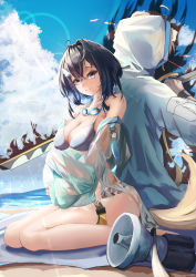 Rule 34 | 1boy, 1girl, absurdres, ahoge, animal ears, arknights, aura, bare shoulders, beach towel, bikini, black hair, blonde hair, blue eyes, blue sky, blush, bracelet, breasts, cleavage, closed mouth, collarbone, dark aura, day, dog boy, dog ears, dog tail, frilled bikini, frills, goggles, goggles around neck, hair intakes, hair ornament, hairclip, highres, holding, holding sword, holding weapon, hood, hood up, hooded jacket, jacket, jewelry, kurosabi neko, la pluma (arknights), la pluma (summer flowers) (arknights), large breasts, lens flare, long sleeves, looking at viewer, megaphone, official alternate costume, open clothes, open jacket, outdoors, see-through, short hair, sitting, sky, smile, swimsuit, sword, tail, tequila (arknights), thigh strap, towel, wariza, weapon, white bikini, white jacket, wing hair ornament