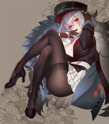 Rule 34 | 1girl, azur lane, black pantyhose, breasts, brown gloves, commentary request, crossed legs, finger sucking, full body, fur trim, glint, gloves, good meat day, graf zeppelin (azur lane), hat, high heels, jacket, jacket on shoulders, jewelry, large breasts, long hair, long sleeves, military hat, musha sabu, nipples, pantyhose, pleated skirt, pussy juice, red eyes, rigging, ring, saliva, skirt, solo, thighband pantyhose, very long hair, wedding ring, white hair