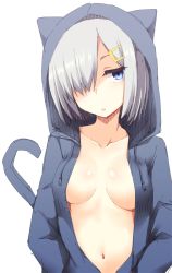 Rule 34 | 1girl, animal ears, animal hood, blue eyes, blue hoodie, breasts, cat ears, cat tail, commentary request, grey hair, hair ornament, hair over one eye, hairclip, hamakaze (kancolle), hands in pockets, head tilt, hood, hoodie, kantai collection, long sleeves, medium breasts, nagami yuu, naked hoodie, navel, one eye covered, parted lips, simple background, solo, tail, upper body, white background