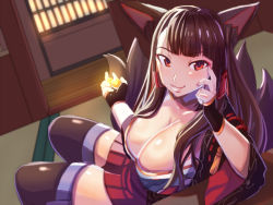 Rule 34 | 1girl, akagi (azur lane), animal ears, azur lane, bad id, bad pixiv id, black thighhighs, breasts, cleavage, fox ears, fox tail, hima hijiki, japanese clothes, large breasts, looking at viewer, multiple tails, red eyes, red skirt, sitting, skirt, smile, solo, tail, thighhighs